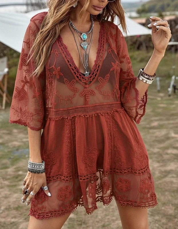 Generic Women's V-Neck Contrast Lace Cover Up - Red Beach Dress