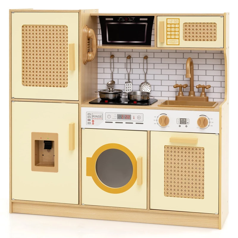GYMAX Wooden Toy Kitchen, Kids Cooking Role Playset with Stoves, Microwave, Water Dispenser, Range Hood, Accessories, Sounds & Lights, Play Kitchen for 3+ Years Old (Yellow)