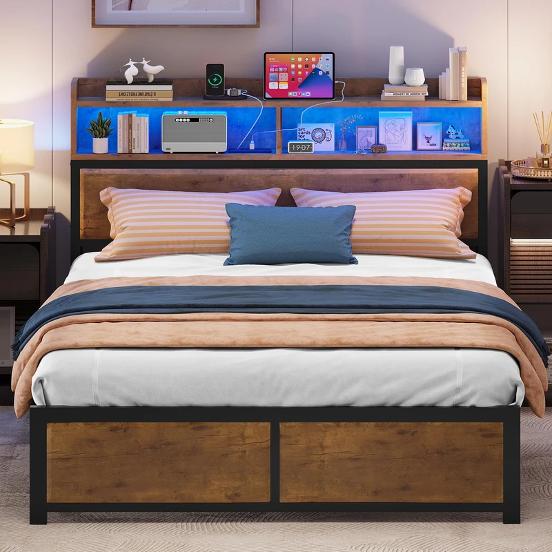 YITAHOME Bed Frame,LED with Headboard,USB Ports & Charging Outlets,Metal Platform Bed Frame with 2 Tiers Storage Shelves, No Box Spring Needed Super King Size Wood color