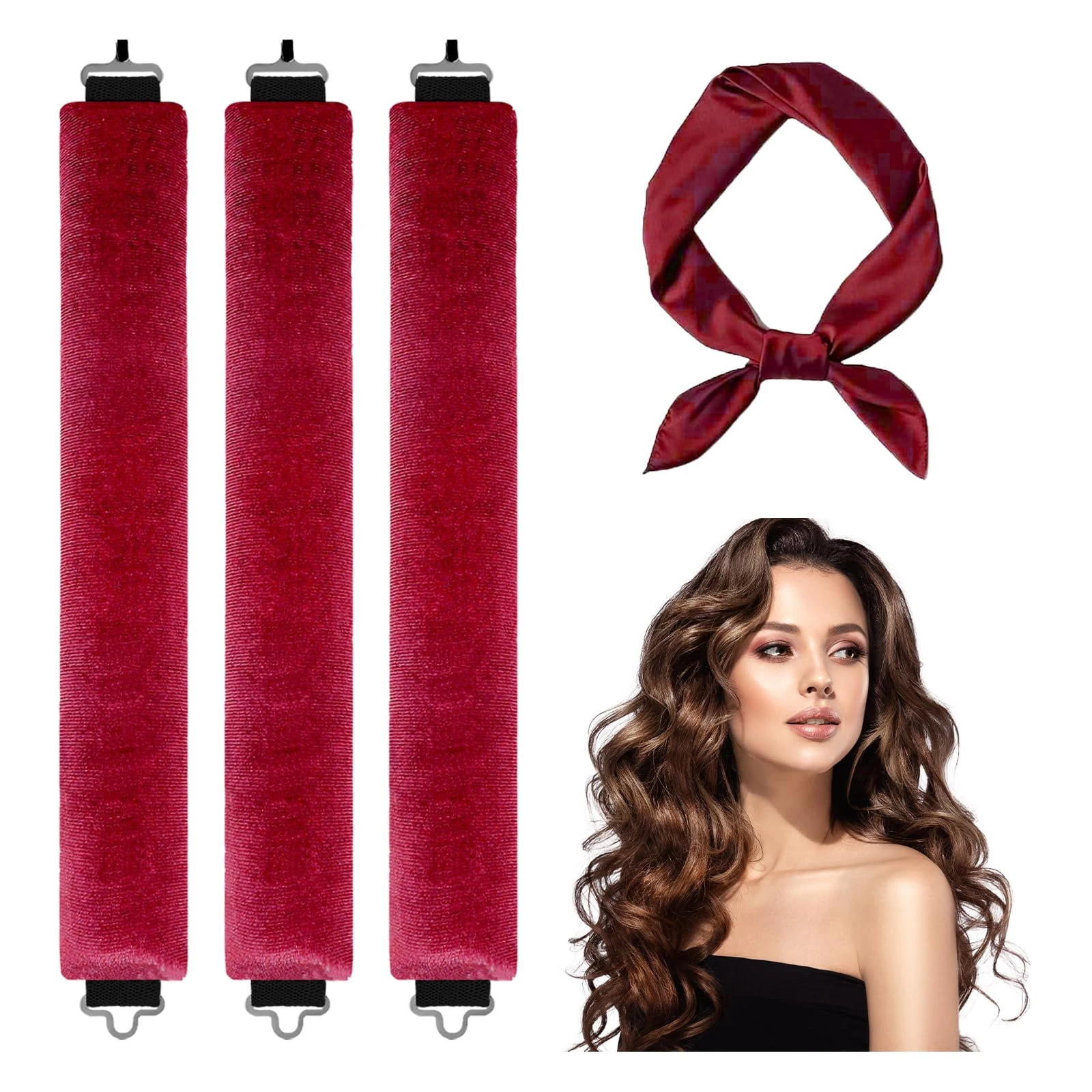 3 Pcs Heatless Curlers & Overnight Blowout Rollers for Hair - No Heat Headband Rods, Salon Waves Overnight Blowout, Velvet Adjustable Styling Kit (Red)