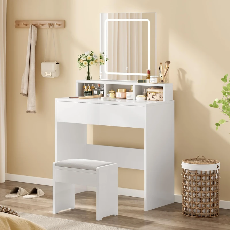 Sunon Dressing Table with LED Lights and Mirror, Vanity Desk with Adjustable Brightness, 2 Drawers, 3 Open Shelves, Waterproof Panels, 80x40x140.5cm, White, DS017