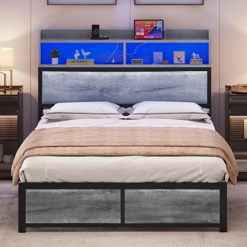 YITAHOME Bed Frame,LED with Headboard,USB Ports & Charging Outlets,Metal Platform Bed Frame with 2 Tiers Storage Shelves, No Box Spring Needed Super King Size