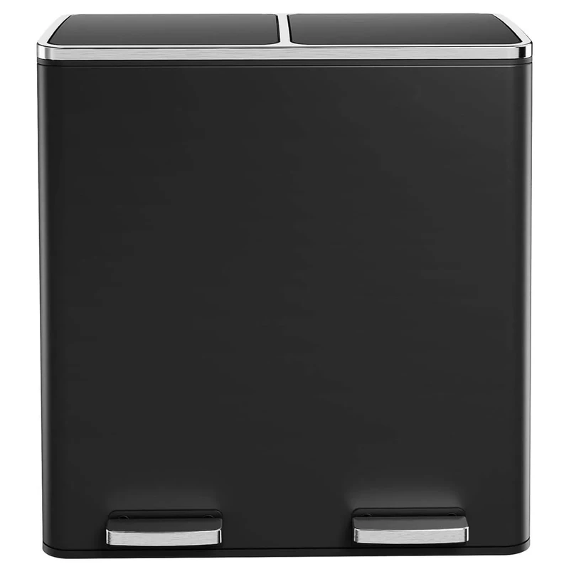 Clevich Kitchen Waste Bin 60L, 2-Compartment Metal Trash Can with Soft-Closing Lid, 2 Plastic Inner Buckets, 2x 30-Liter Waste Separation System, Double-Compartment Pedal Bin