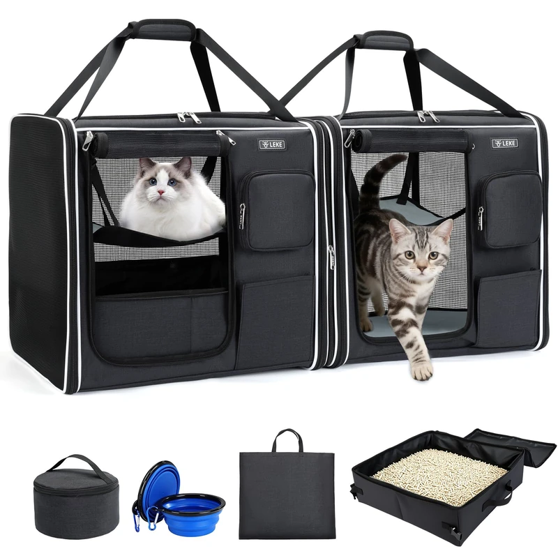 Lekereise 2-in-1 Cat Travel Carrier with Litter Box, Swivel-Fold - Black
