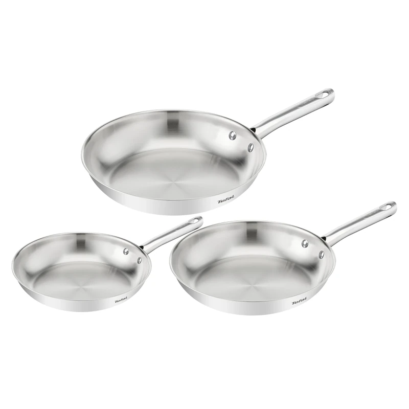 Tefal Duetto On, Set of 3 Frying Pans 20/24/28 cm, Premium Stainless Steel, 10 Year Warranty, Crispy Results, B866S334