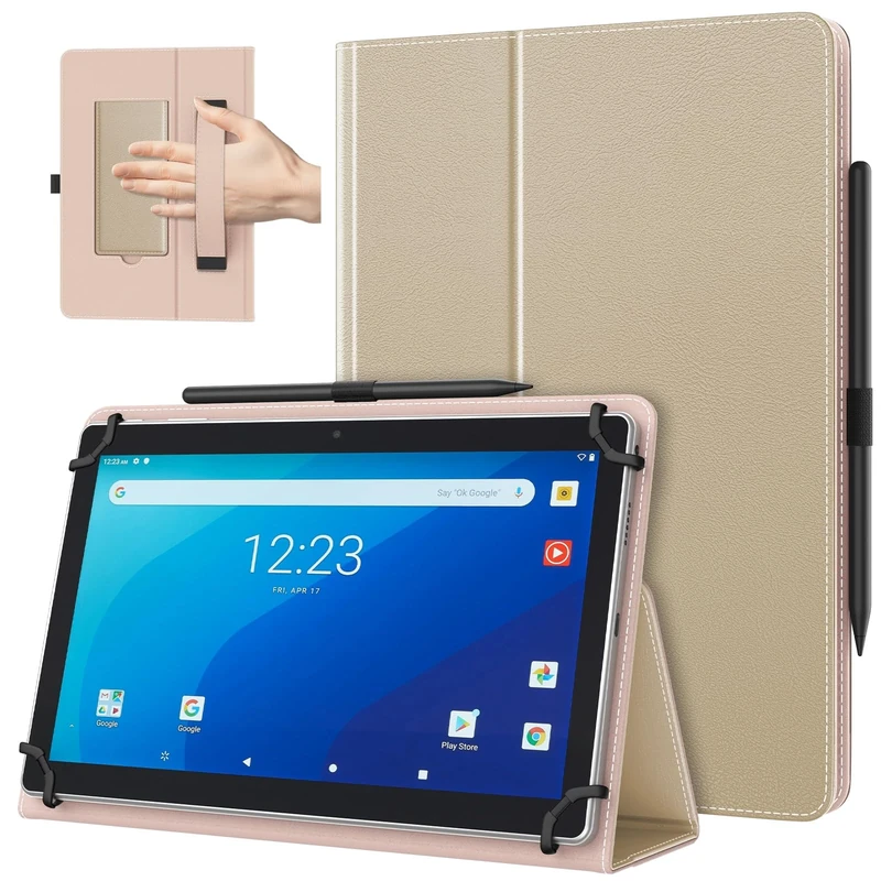 TiMOVO Universal Case for 10.1 Inch Android Tablet with Pen Loop, Lightweight Folding Stand Cover with Hand Strap for All 9.6"-11" Touchscreen Tablet, Champagne Gold