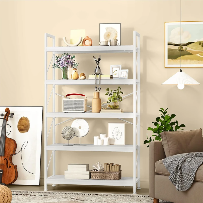 DWVO Tall Bookcase 5 Tiers, Industrial Book Shelf 80cm Wide 158cm High Large Book Case Wooden Shelf and Metal Shelving Unit Display Storage Rack for Living Room, Home Office, Pure White