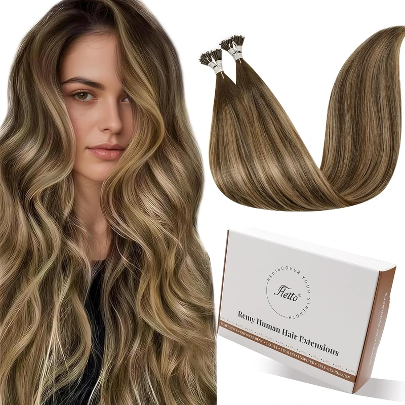 Hetto Nano Hair Extensions Real Human Hair Brown Ombre Nano Beads Hair Extensions 22 Inch Balayage Blonde Invisible Nano Ring Natural Blend for Daily Office Styling 50g 50strands #4/27/4