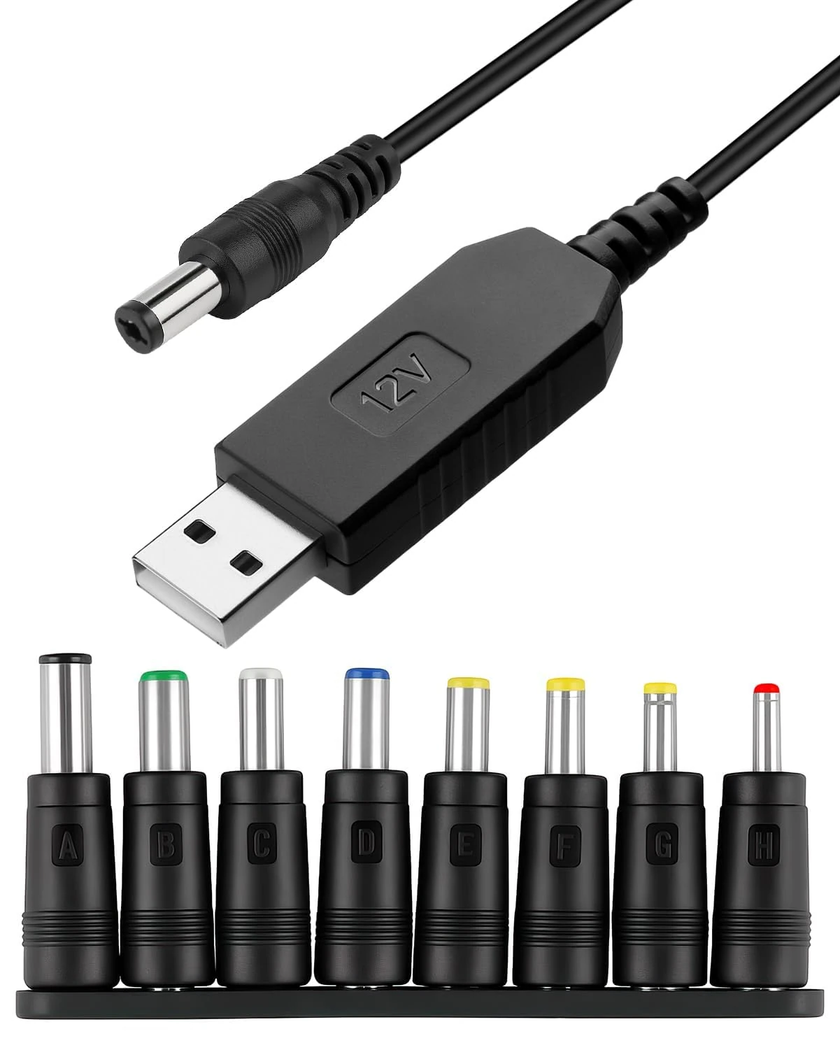 Usb to Dc 12v Cable 1m 5.5 X 2.1mm Plug Adapter Universal Power Cord with 8 Interchageable Dc Connectors Round Pin Barrel Jack Charging Cable for Laptops Router Speakers Keyboard Toothbrush Toys