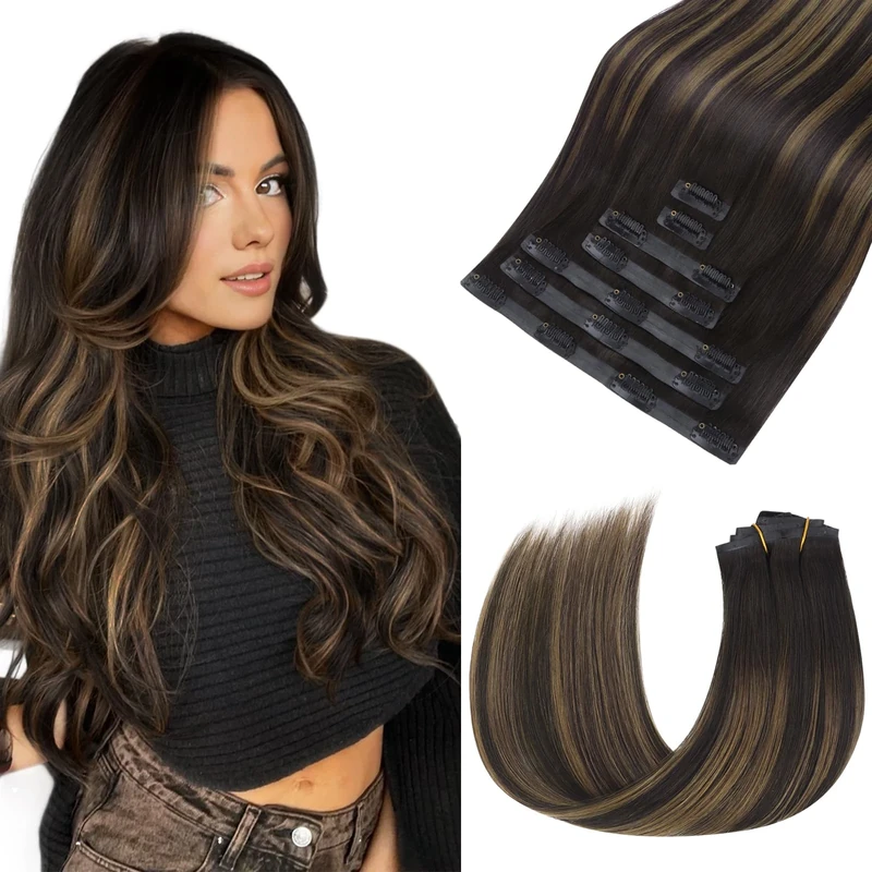 hotbanana Seamless Clip in Hair Extensions, Dark Brown to Chestnut Brown Clip in Remy Hair Extensions Real Human Hair Straight Invisible PU Skin Weft 16 inch 115g 7pcs