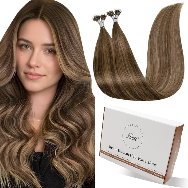 Hetto Nano Hair Extensions Real Human Hair Brown Nano Beads Hair Extensions 22 Inch Balayage Brown to Blonde Invisible Nano Ring Extensions Formal Event Look 50g 50strands #8/16/8