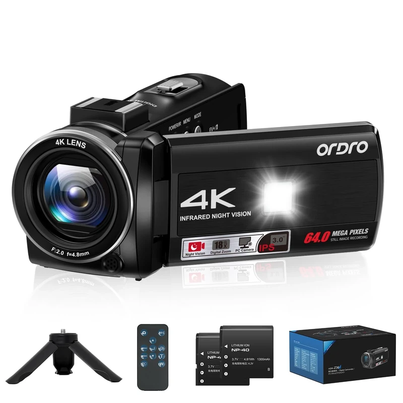 ORDRO Camcorder 4K, 64MP Vlogging Camera with 18X Digital Zoom, LED Fill light, 3.0 Inch Screen, IR Night Vision, Vlogging Camera for YouTube with Tripod and Two Batteries