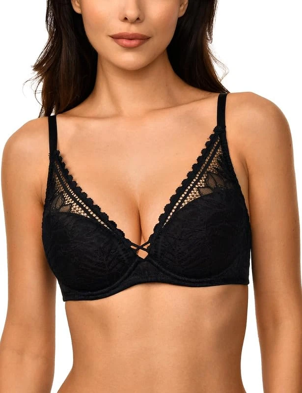 Deyllo Women's Lace Push up Bra with Underwire Sexy Deep V Bra Elegant Unpadded Decorative Back Bra(Black,36D)