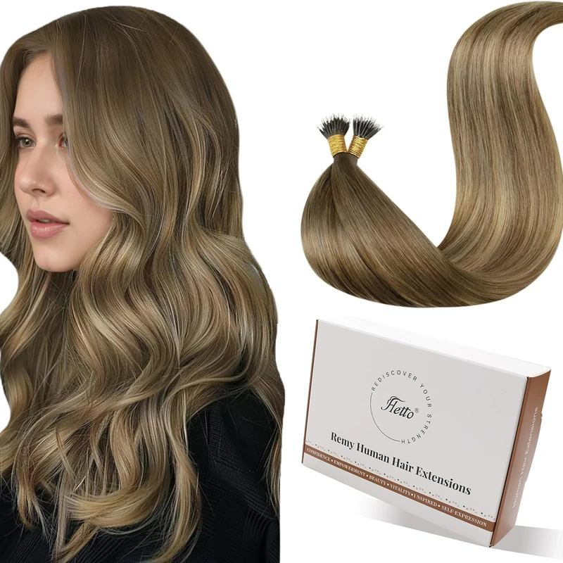 Hetto Nano Hair Extensions Real Human Hair 22 Inch Balayage Brown Nano Beads Hair Extensions No Damage Nano Ring Extensions for UK Sensitive Hair Types 50g 50strands #6/8/14