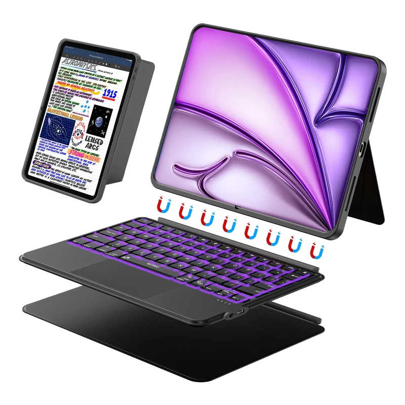 WIWU iPad Case Keyboard Air 13 Inch 3 in 1 Magnetic Detachable Case Keyboard Adjustable Stand 7 Colours Backlit Keys with Trackpad (BLACK, For Air 13"(M3/M2) Pro 12.9" 6/5/4/3)