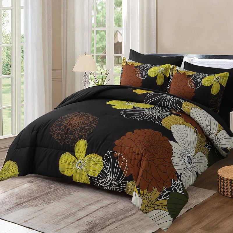 Yiran 7 Pieces Boho Floral Comforter Sets Black Brown Yellow Lightweight Comforter Bed in a Bag Flowers Microfiber Bedding Set for All Season,King Size 104''x90''