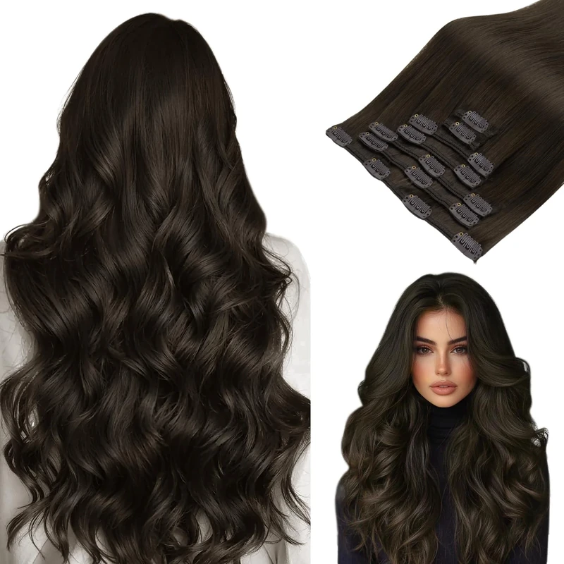 hotbanana Clip in Hair Extensions, Dark Brown Clips in Hair Extension Real Human Hair Double Weft Clip In human Hair Straight Remy Hair Extensions 18 inch 150g 9pcs