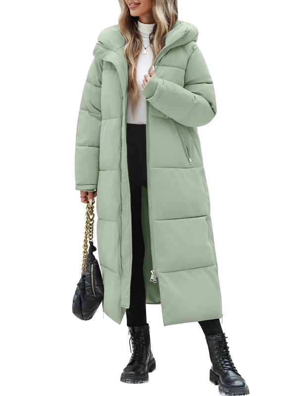 Yuson Girl Women's Long Coats Winter Jackets for Women Quilted Padded Coats Elegant Thermal Ladies Puffer Jackets Zipper Hooded Parka Overcoat Water Repellent Windproof Outerwear(Light green, L)