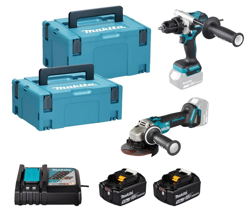 MAKITA DLX2552TJ, 18V Combo Kit with DHP492 Drill and DGA504 Grinder, 2 5.0Ah Batteries, Makpac Cases