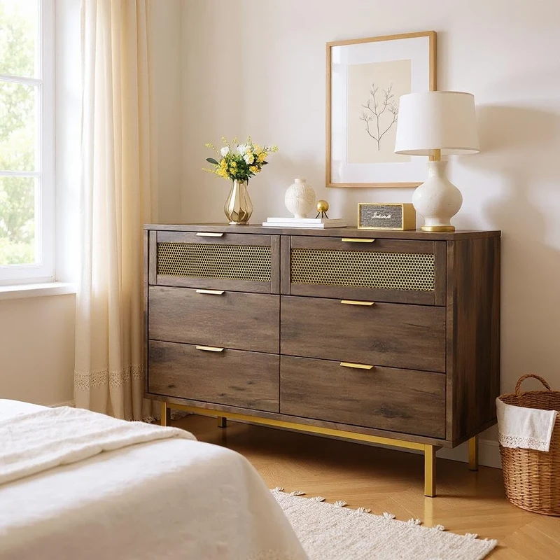 FurnitureR Dark Brown Chest of Drawers, Modern Design, Metal and Wood Construction, Stylish Storage Solution, Ideal for Bedrooms, Elegant Touch with Gold Accents