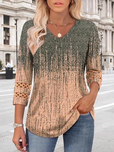 3/4 Length Sleeve Womens Tops Dressy Casual Blouses for Women 2025 Trendy V Neck T Shirts Summer Clothes, Grey Coral, XX-Large