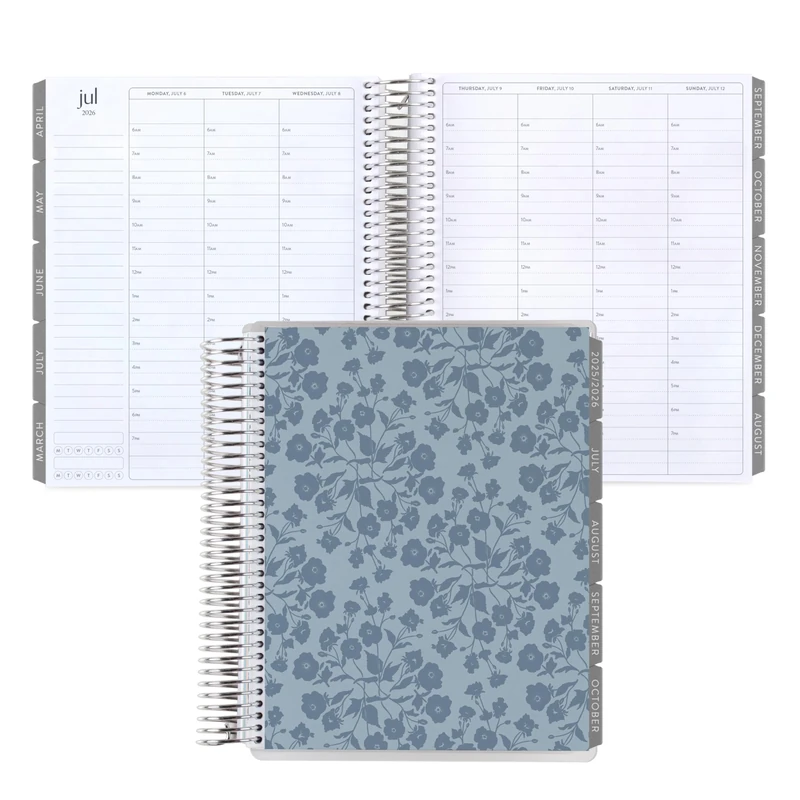 7x9 Coiled Life Planner (January 2026 - December 2026) - Bouquet Wallpaper (blue) classic cover, hourly layout, Minimal theme, platinum coil