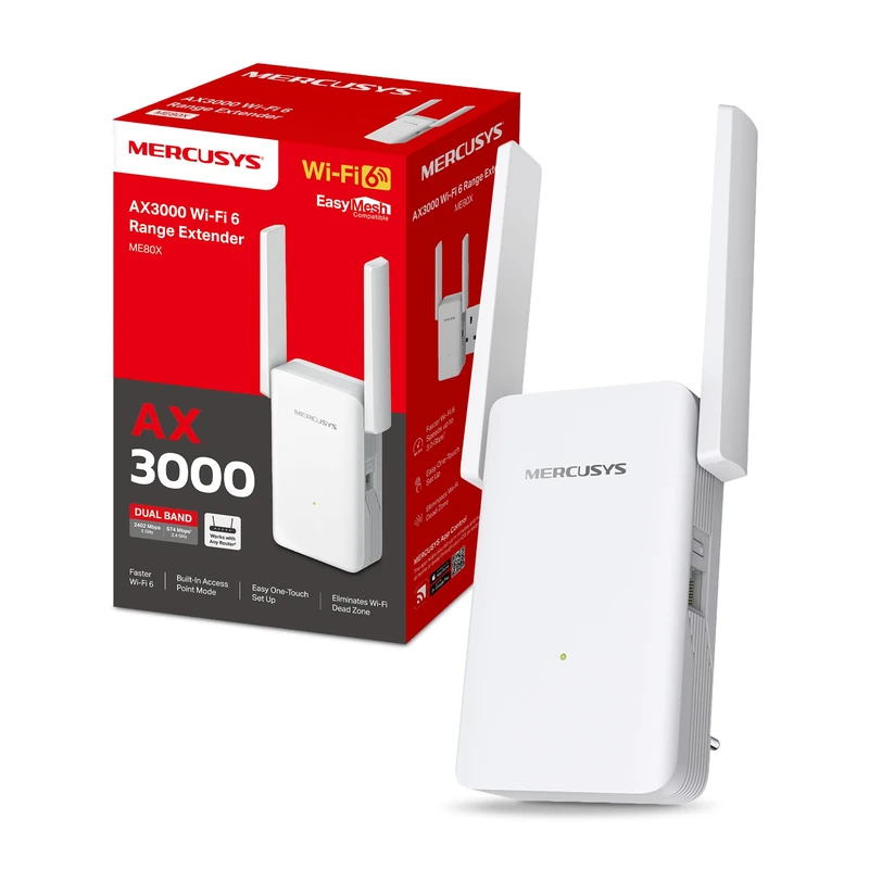 Mercusys ME80X AX3000 WiFi 6 Internet Booster with 2 Adjustable High-Gain Antennas, WiFi Exender Booster, TP link Wifi Extender,Gigabit Wired Connection, EasyMesh, App Control,Work with Any Router