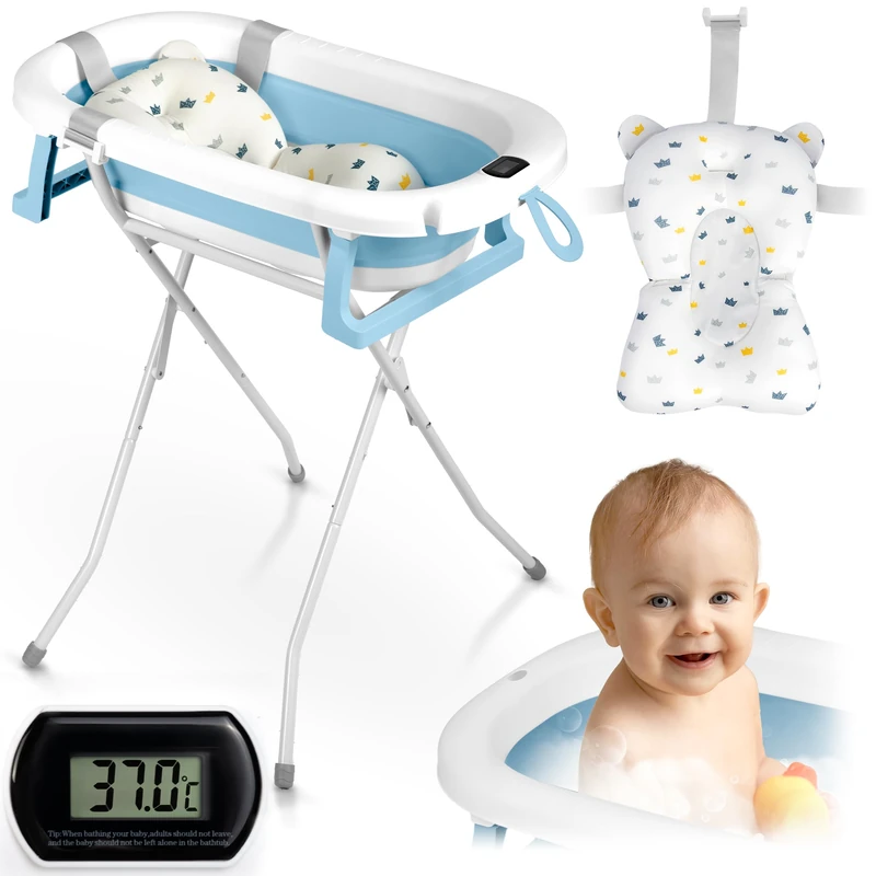 Ricokids Baby Bath with Frame, Thermometer and Bath Pillow, Foldable, Lightweight, Non-Slip, White/Blue