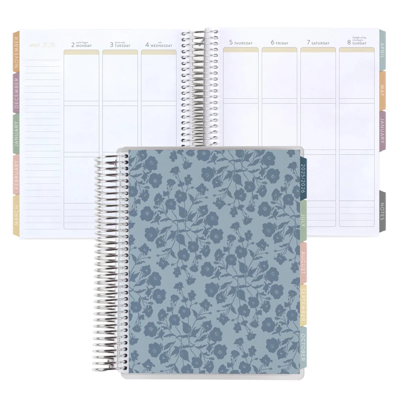 7x9 Coiled Life Planner (January 2026 - December 2026) - Bouquet Wallpaper (blue) classic cover, vertical layout, Bouquet theme, platinum coil
