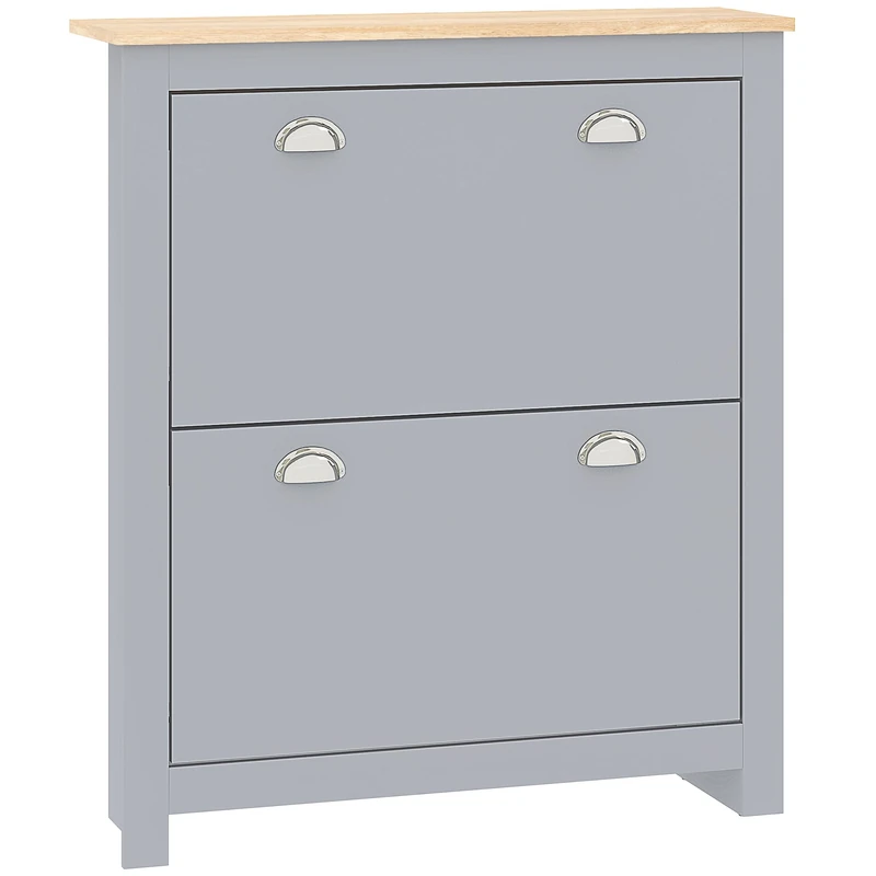 HOMCOM 2 Drawer Shoe Cabinet Modern Narrow Shoe Cupboard Hallway Wooden Storage Organiser with Flip Doors Adjustable Shelf for 6-12 Pairs, Grey