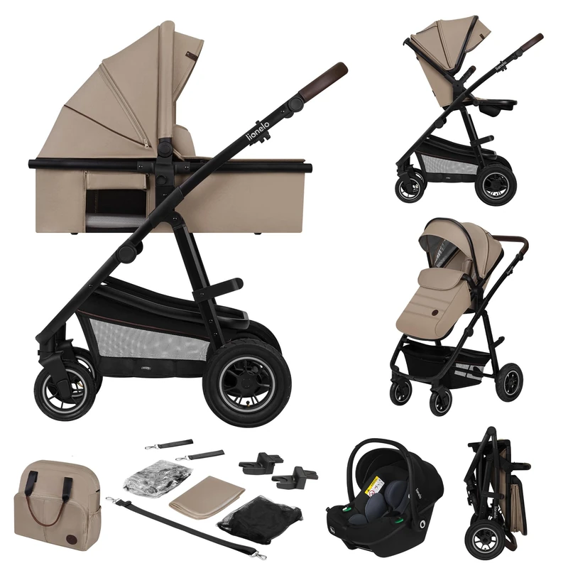 Lionelo Amber 3-in-1 Travel System Pram & Pushchair with Carrycot and Car Seat Astrid i-Size, Isofix Compatible, All-Terrain Pneumatic Wheels, One-Hand Fold, from Birth up to 22 kg