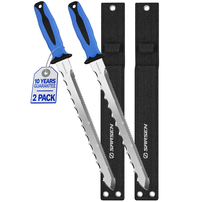 Professional Insulation Knife – Stainless Steel Serrated Saw Foam Cutter for Loft Insulation, Rockwool, Polystyrene & PIR/XPS Foam Board - Patented Ergonomic Handle, Safety Sheath & Ruler