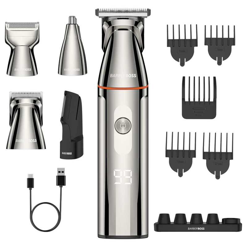 BarberBoss 5-in-1 Grooming Kit for Men, Beard Trimmer Men, Waterproof Hair Clippers with Nose Trimmer, Body Groomer, USB-C Charging & LED Display