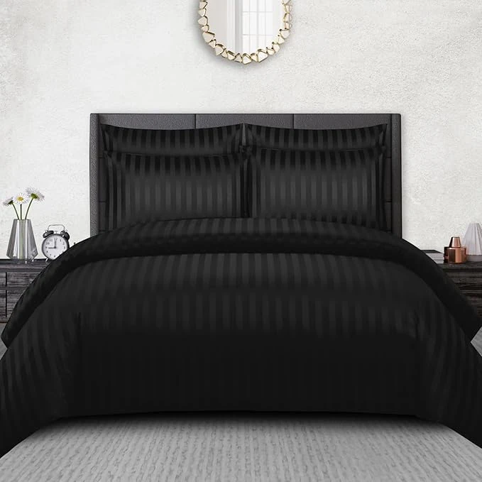 Pamposh Satin Stripe King Size Duvet Cover Sets Pack of 4 - Premium Hotel Quality Quilt Cover Bedding Sets - Hypoallergenic Ultra Soft Microfiber Bed Linen