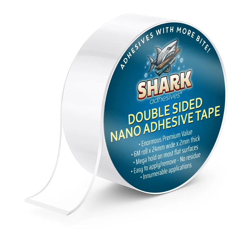 Shark Adhesives Heavy Duty Double Sided Nano Tape 6m Roll Nano Mounting Tape, Clear Adhesive Picture Hanging Strips for Home and Office, Strong and Reusable for Photos, Posters, Decorations and More
