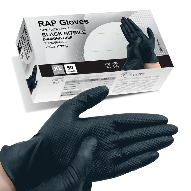RAP Nitrile Work Gloves (50 Pack) – Heavy duty, diamond grip, latex-free, powder-free, non-slip, extra thick – Ideal for mechanics, workshop, and automotive use. (Black, XL)