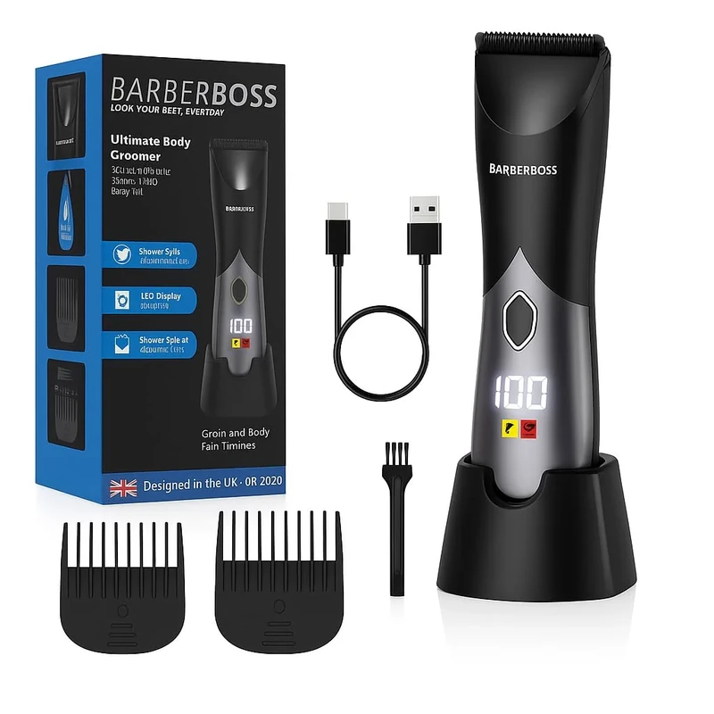 BarberBoss Cordless Beard Trimmer for Men, Body Groomer, Groin Hair Clipper with Adjustable Lengths, Wet/Dry Use & Smart Display, Rechargeable Grooming Kit for Sensitive Areas