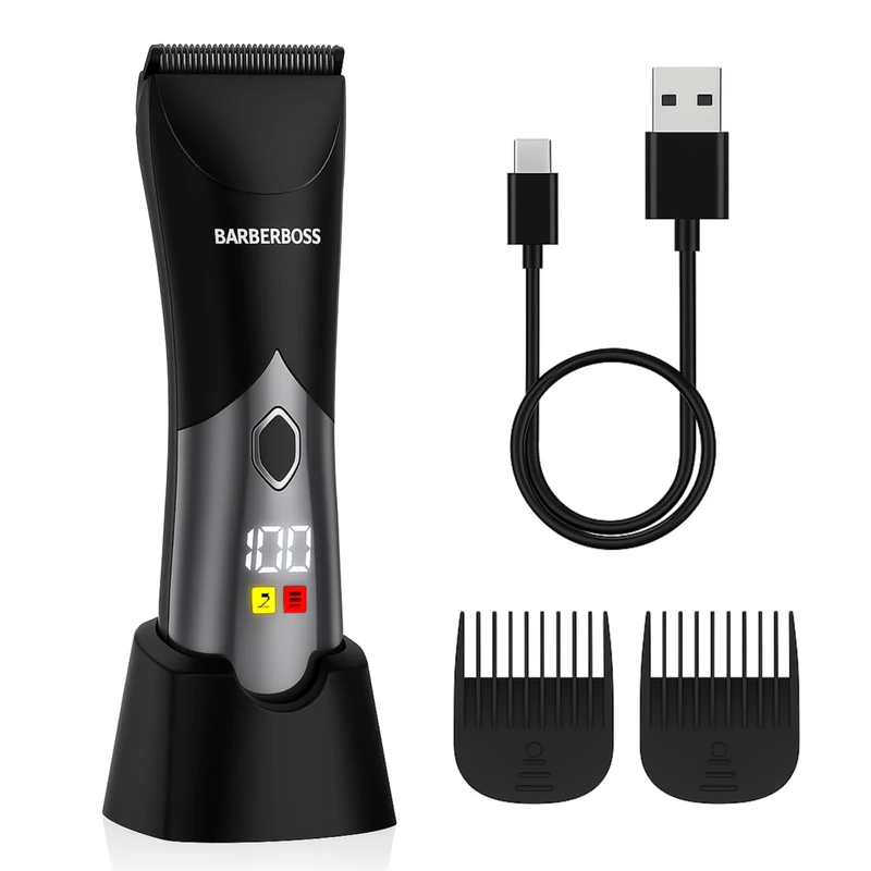 BarberBoss Body Clipper for Men, Body Groomer, Waterproof Trimmer for Men: Face, Body & Groin Hair Shaver with Ceramic Blades, USB-C Charging & LED Display, Cordless Groomer Kit