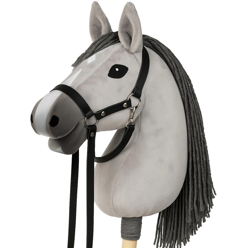 CELMAN Hobby Horse Grey Battle Horse with Strap and Leash, Head Size A3, Great Fun Riding for Children, Realistic and Soft, Wooden Stick