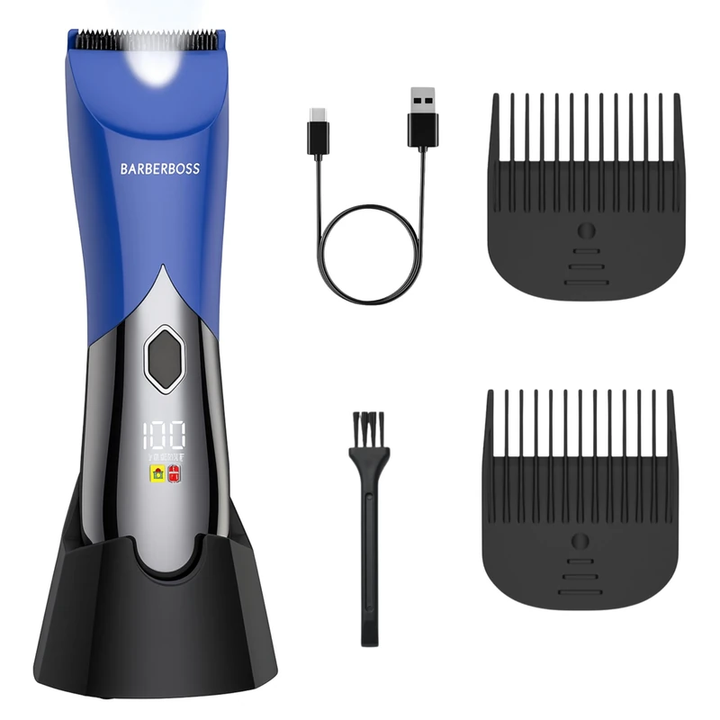 BarberBoss Rechargeable Body Hair Trimmer for Men, Blue Groin Shaver with Waterproof Design, LED Display, Body and Beard Groomer with Adjustable Combs
