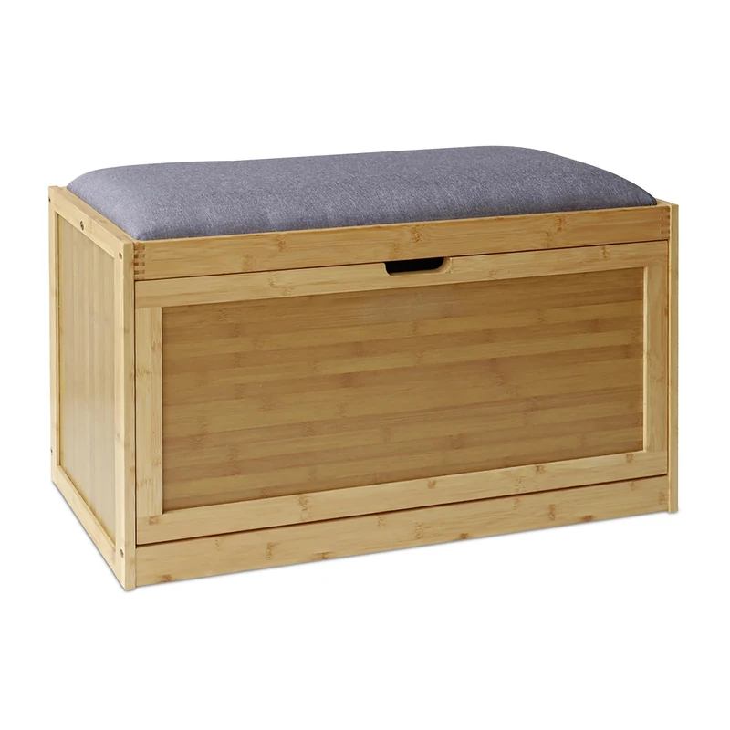 Relaxdays bamboo hallway shoe bench with upholstered seat & 2 storage compartments, 49 x 80 x 30 cm, natural/grey
