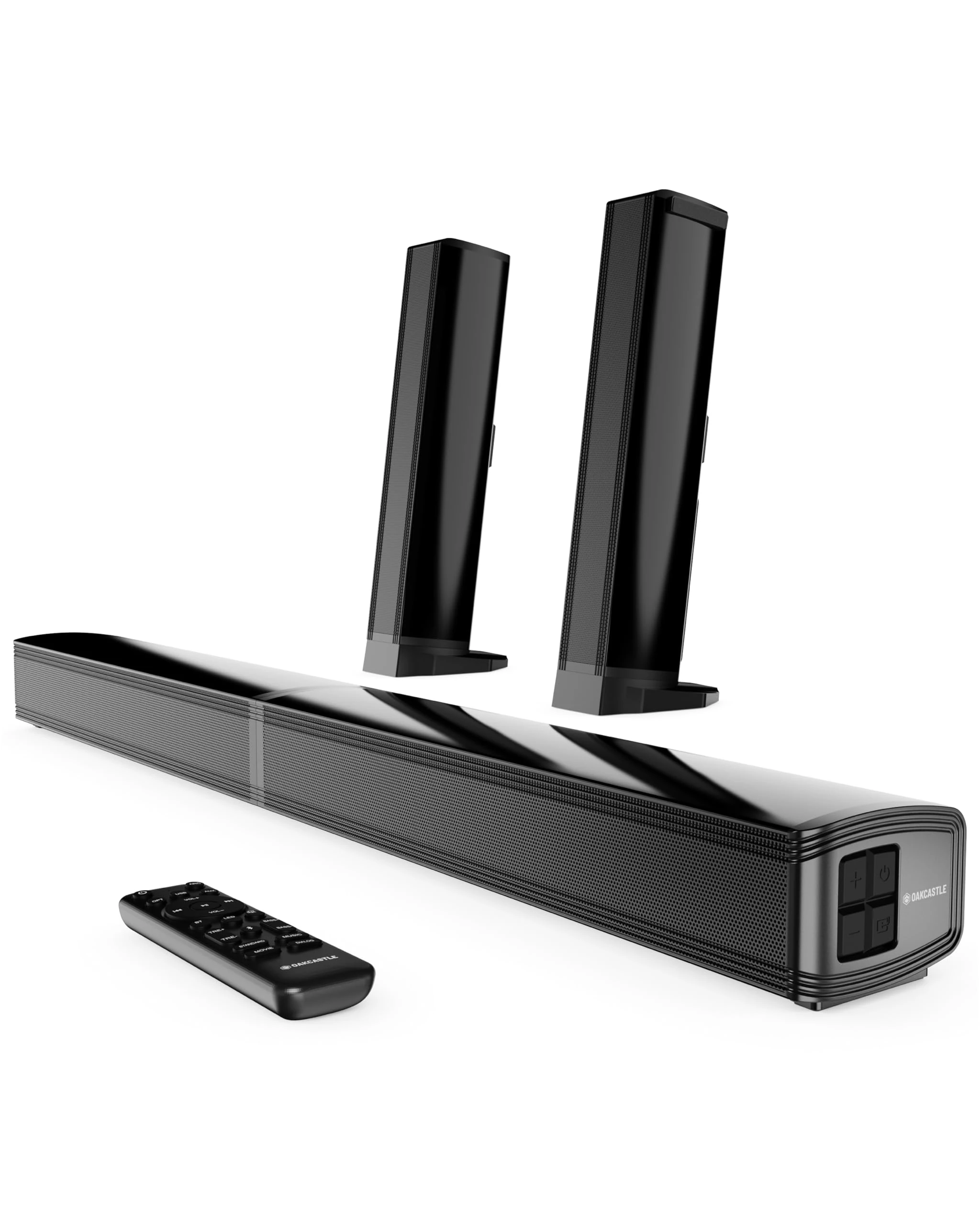Oakcastle SB80 Split Sound Bar for TV | 120W 2.2 Channel Bluetooth Soundbar with HDMI ARC, Optical, AUX & USB Playback | Home Cinema TV Speakers with Wall Mount & Remote