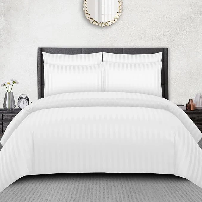 Pamposh Satin Stripe King Size Duvet Cover Sets Pack of 4 - Premium Hotel Quality Quilt Cover Bedding Sets - Hypoallergenic Ultra Soft Microfiber Bed Linen