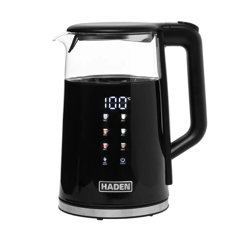 Haden Sensor Electric Glass Kettle 1.7L, Digital Temperature Control, Variable Heat 40-100°C, Cordless Black Kettle with Keep Warm & Auto Shut-Off
