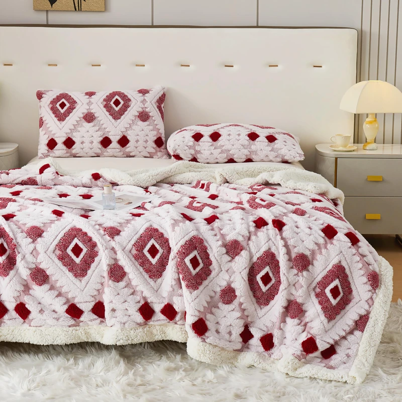 LEVINIS Boho Sherpa Fleece Blanket 80'' × 90'', Ultra Soft Aztec Queen Blankets for All Season, Cozy, Plush, Bohemian Throw Blanket for Bed/Couch/Sofa/Office/Camping, Rose Red