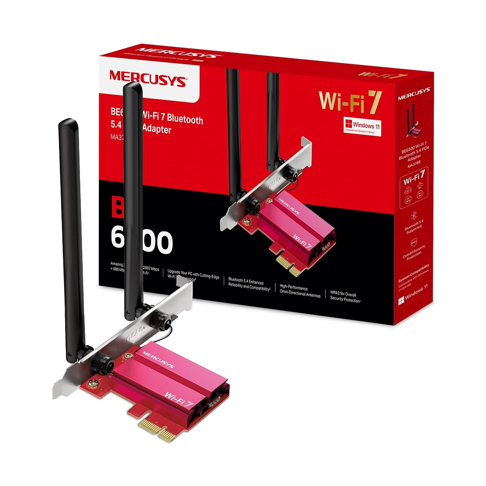 Mercusys MA37BE PCIe WIFI Card, BE6500 WiFi 7 Bluetooth 5.4, Tri-Band,2 Two High-performance Antennas, Security Protection, Work with Windows 11, MU-MIMO,More Devices, Lower Latency,Less Congestion