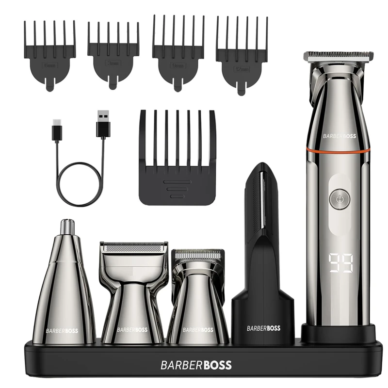 BarberBoss 5-in-1 Beard Trimmer Men, Grooming Kit for Men, Cordless Hair Clippers, Nose & Body Shaver with LED Display & USB-C Charging, Body Groomer