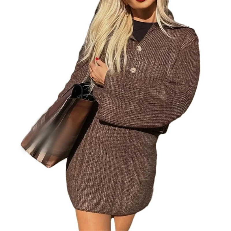 Women Knit Skirts Sets Single Breasted Casual Cardigans Fall Stretch Mini Skirts Two-Piece Dark Brown S