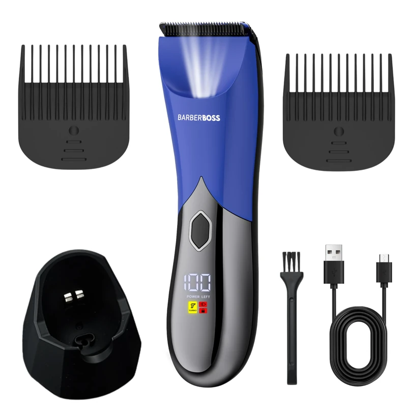 BarberBoss Men’s Grooming Trimmer for Body & Intimate Areas, Rechargeable Blue Pubic Hair Clipper with Turbo Speed, USB-C, LED Display & Waterproof Design