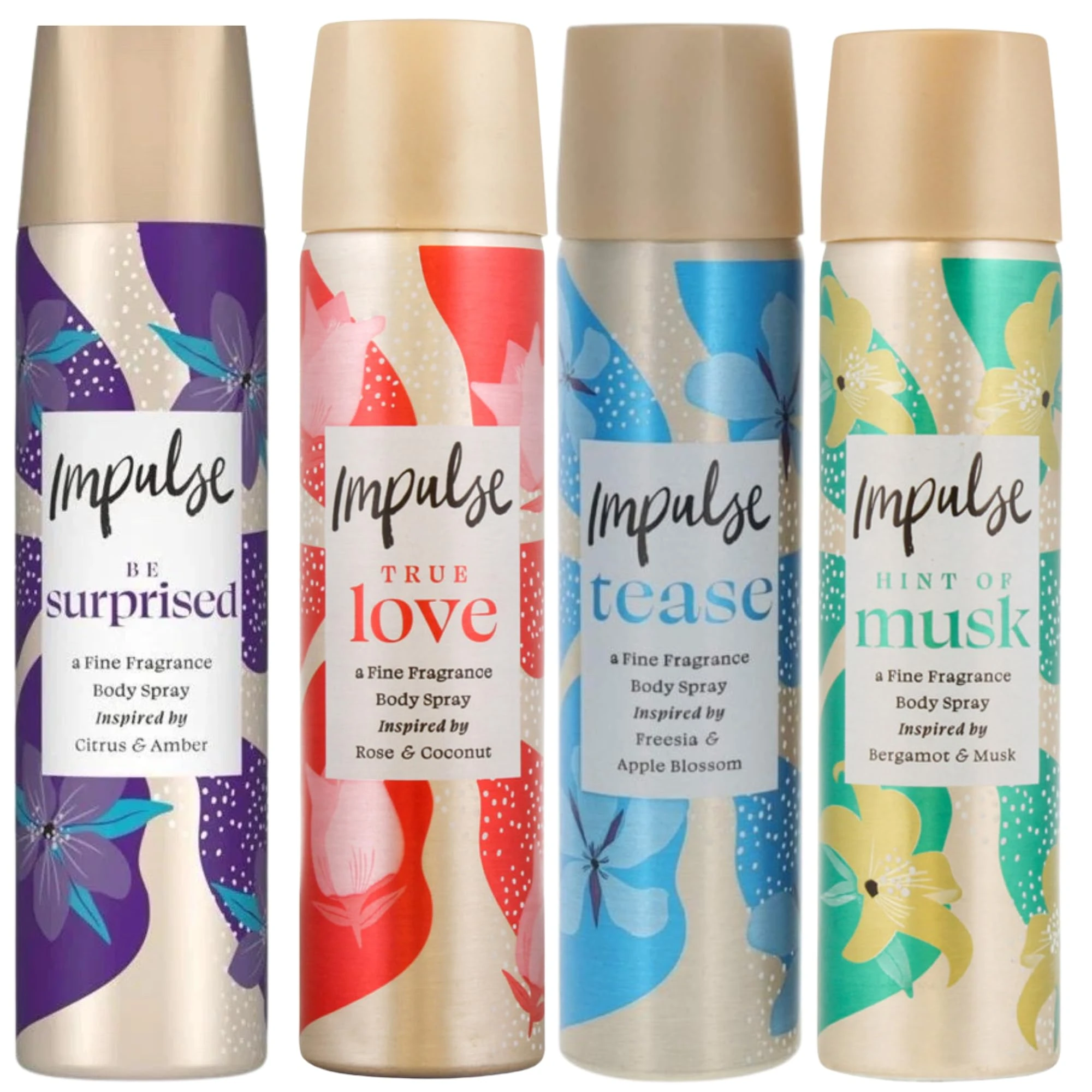 Impulse Body Spray for Women 4 x 75ml – Be Surprised, Hint of Musk, True Love, Tease Long-Lasting Fragrance Deodorant Pack – Fresh, Fruity, Floral & Musk Scents – Paraben & Aluminum Free, Travel Size